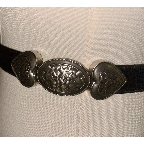 Coldwater Creek Leather Embossed Snake Print Silver Hearts Hipslung Belt 27"-34" - Picture 1 of 12